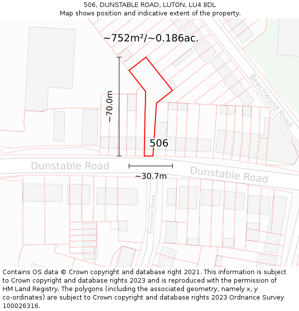 506, DUNSTABLE ROAD, LUTON, LU4 8DL: Plot and title map
