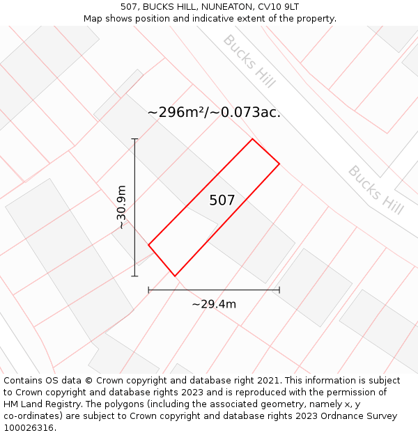 507, BUCKS HILL, NUNEATON, CV10 9LT: Plot and title map