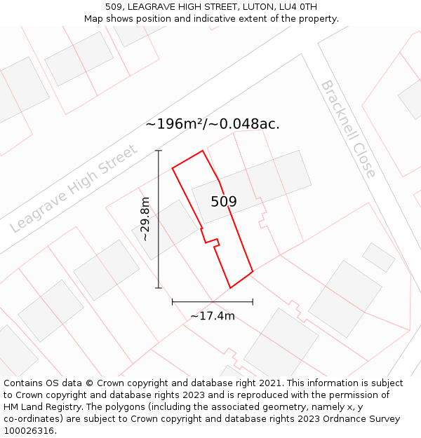 509, LEAGRAVE HIGH STREET, LUTON, LU4 0TH: Plot and title map