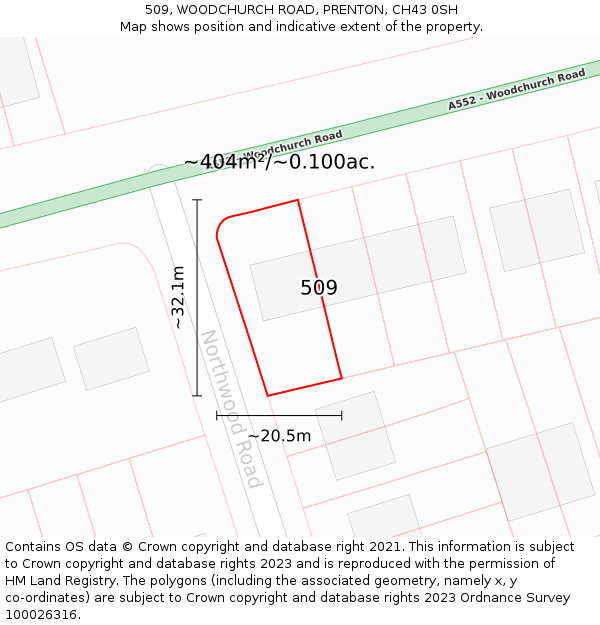 509, WOODCHURCH ROAD, PRENTON, CH43 0SH: Plot and title map