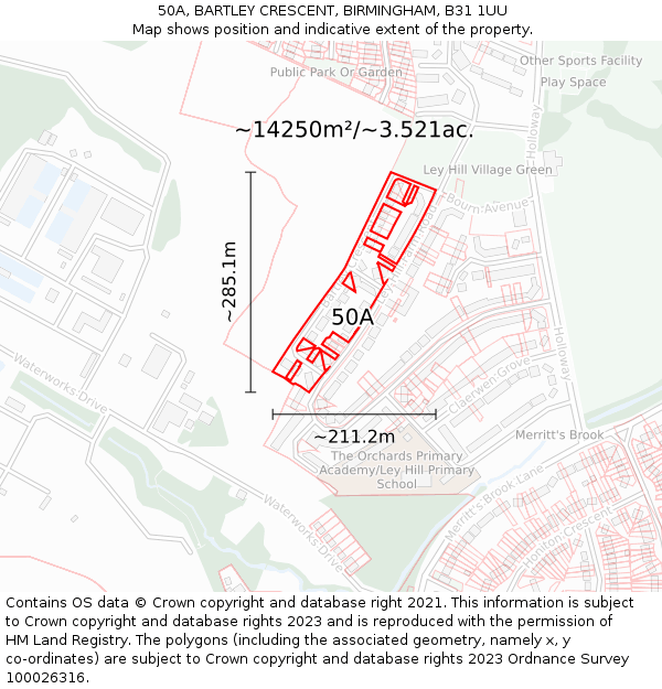 50A, BARTLEY CRESCENT, BIRMINGHAM, B31 1UU: Plot and title map
