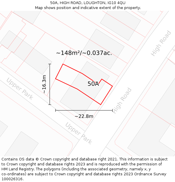 50A, HIGH ROAD, LOUGHTON, IG10 4QU: Plot and title map