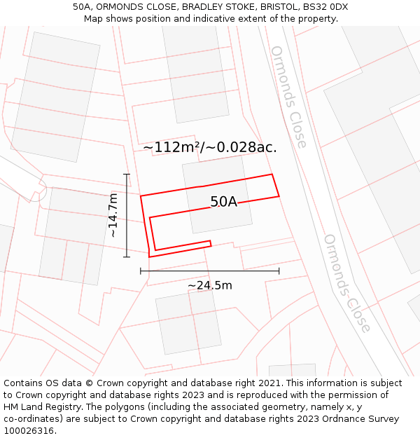 50A, ORMONDS CLOSE, BRADLEY STOKE, BRISTOL, BS32 0DX: Plot and title map
