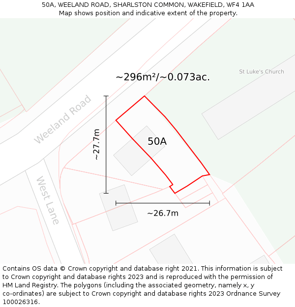 50A, WEELAND ROAD, SHARLSTON COMMON, WAKEFIELD, WF4 1AA: Plot and title map