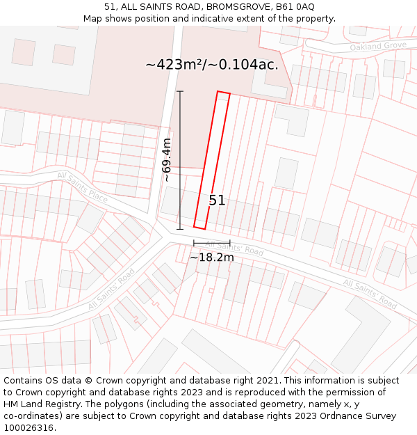 51, ALL SAINTS ROAD, BROMSGROVE, B61 0AQ: Plot and title map