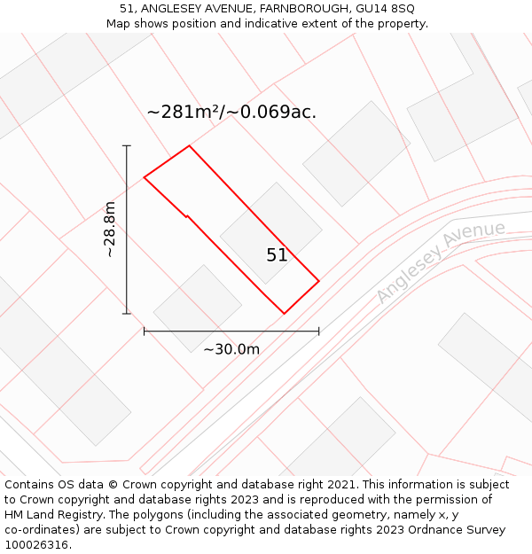 51, ANGLESEY AVENUE, FARNBOROUGH, GU14 8SQ: Plot and title map