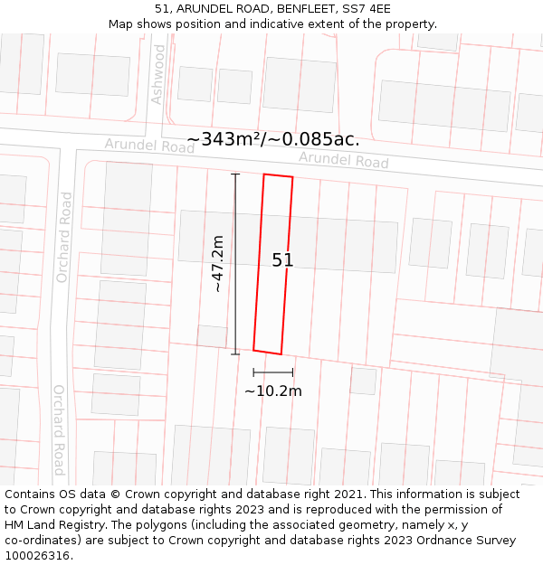 51, ARUNDEL ROAD, BENFLEET, SS7 4EE: Plot and title map