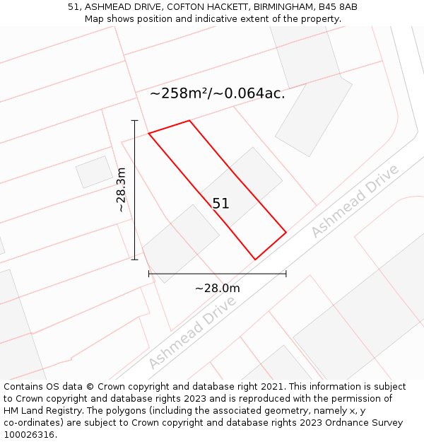 51, ASHMEAD DRIVE, COFTON HACKETT, BIRMINGHAM, B45 8AB: Plot and title map
