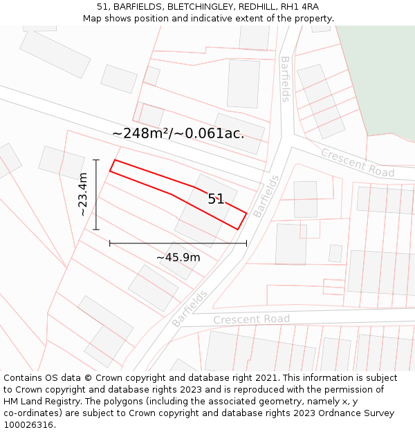 51, BARFIELDS, BLETCHINGLEY, REDHILL, RH1 4RA: Plot and title map