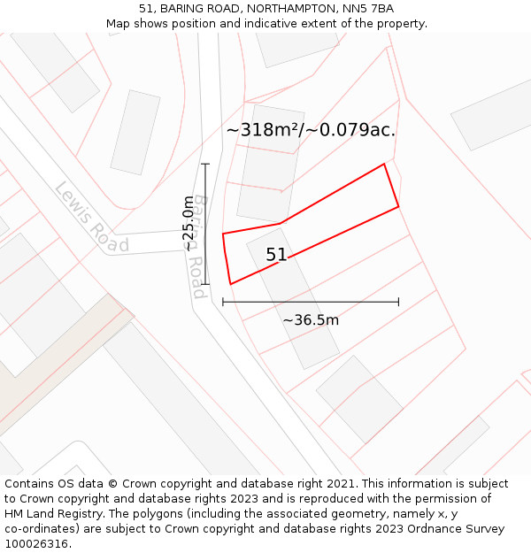 51, BARING ROAD, NORTHAMPTON, NN5 7BA: Plot and title map