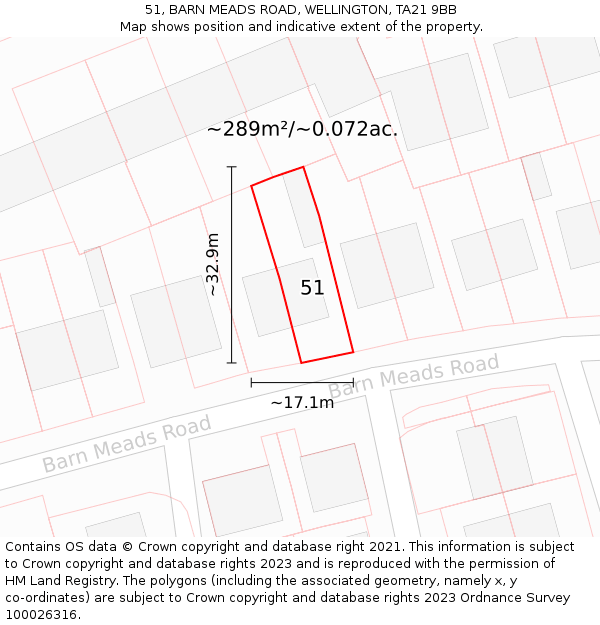 51, BARN MEADS ROAD, WELLINGTON, TA21 9BB: Plot and title map