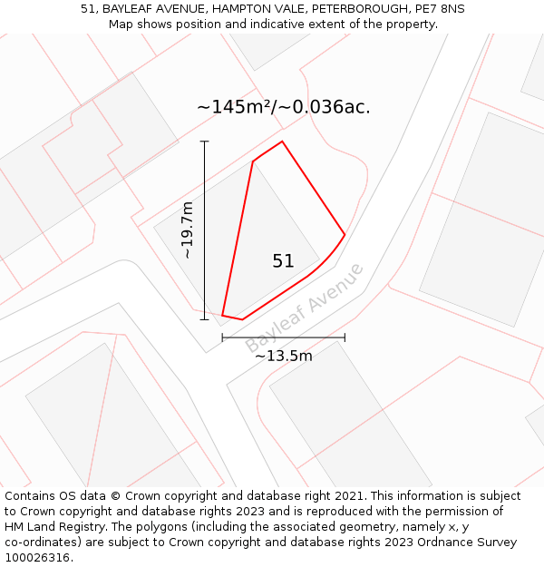 51, BAYLEAF AVENUE, HAMPTON VALE, PETERBOROUGH, PE7 8NS: Plot and title map