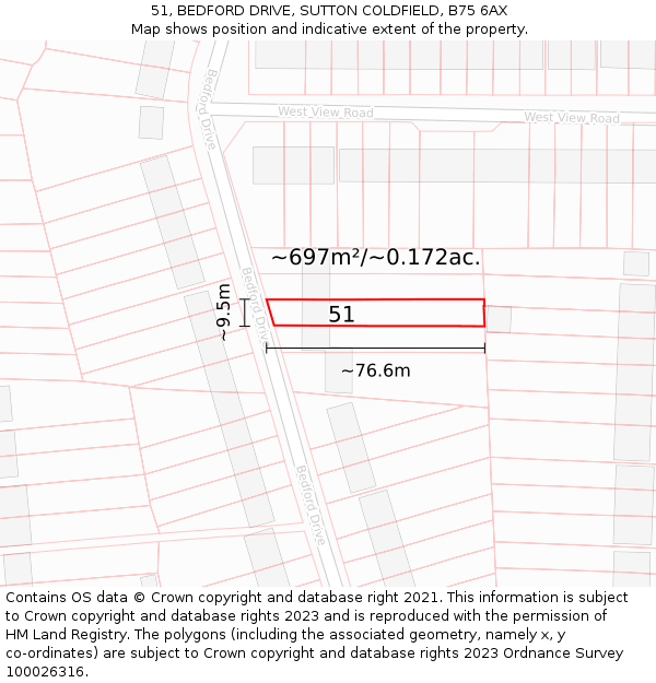 51, BEDFORD DRIVE, SUTTON COLDFIELD, B75 6AX: Plot and title map
