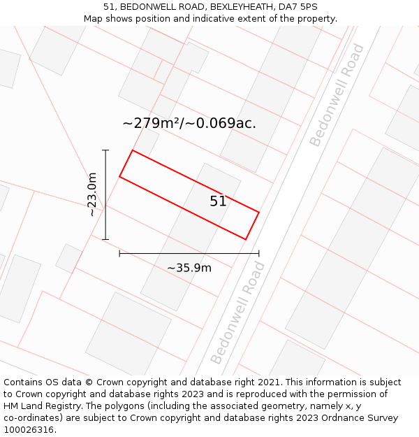 51, BEDONWELL ROAD, BEXLEYHEATH, DA7 5PS: Plot and title map