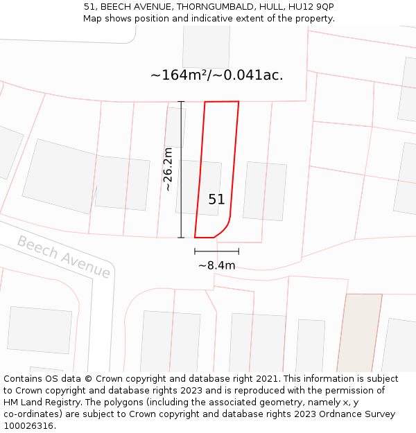 51, BEECH AVENUE, THORNGUMBALD, HULL, HU12 9QP: Plot and title map