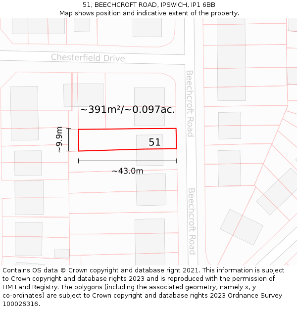 51, BEECHCROFT ROAD, IPSWICH, IP1 6BB: Plot and title map