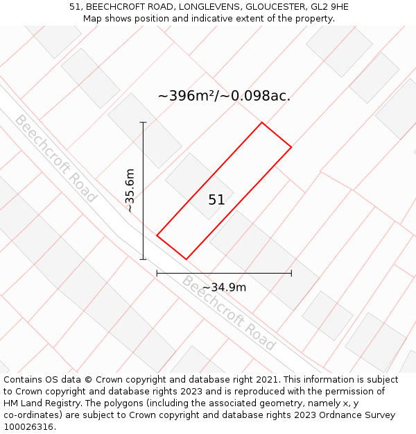 51, BEECHCROFT ROAD, LONGLEVENS, GLOUCESTER, GL2 9HE: Plot and title map
