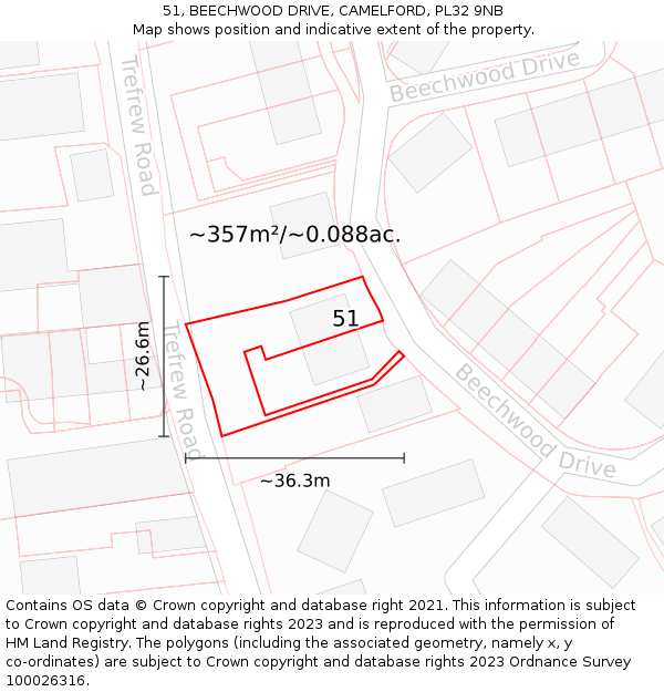 51, BEECHWOOD DRIVE, CAMELFORD, PL32 9NB: Plot and title map