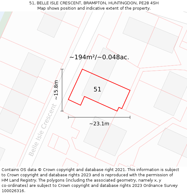51, BELLE ISLE CRESCENT, BRAMPTON, HUNTINGDON, PE28 4SH: Plot and title map