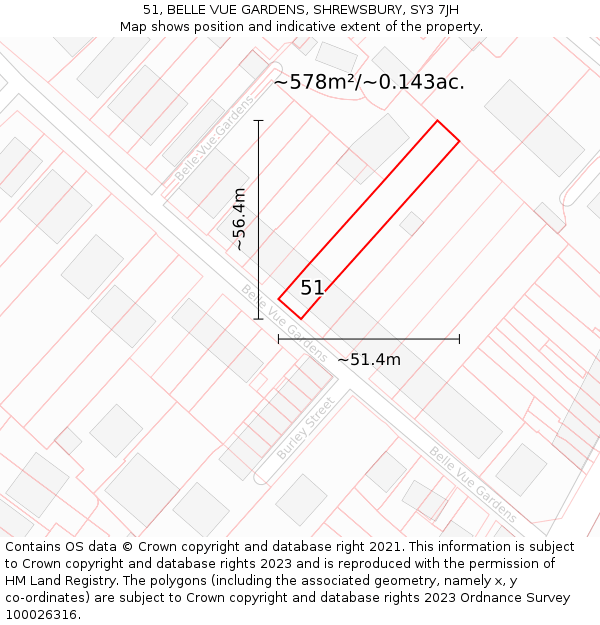 51, BELLE VUE GARDENS, SHREWSBURY, SY3 7JH: Plot and title map