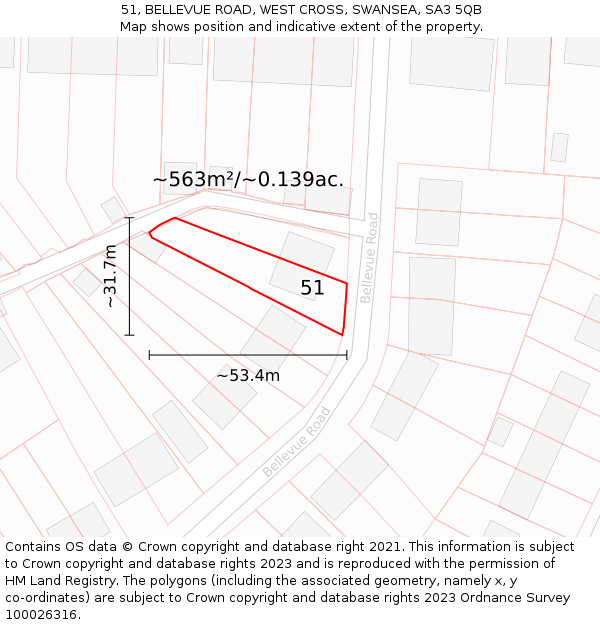 51, BELLEVUE ROAD, WEST CROSS, SWANSEA, SA3 5QB: Plot and title map