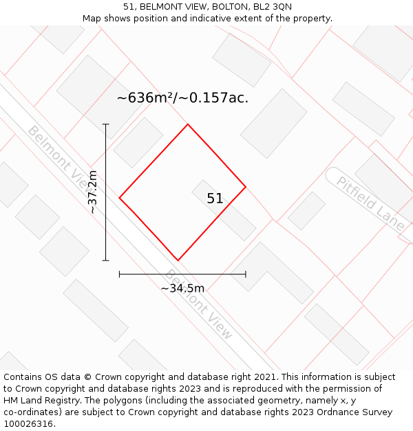 51, BELMONT VIEW, BOLTON, BL2 3QN: Plot and title map