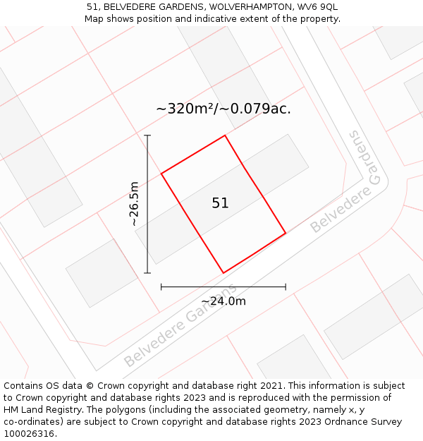 51, BELVEDERE GARDENS, WOLVERHAMPTON, WV6 9QL: Plot and title map