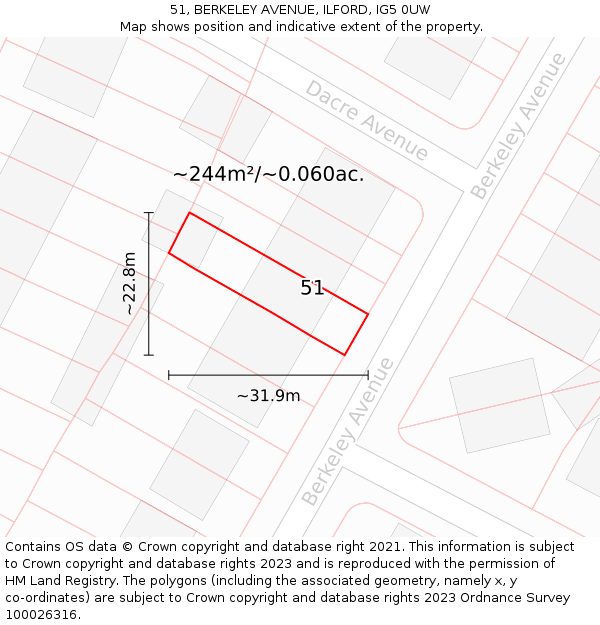 51, BERKELEY AVENUE, ILFORD, IG5 0UW: Plot and title map