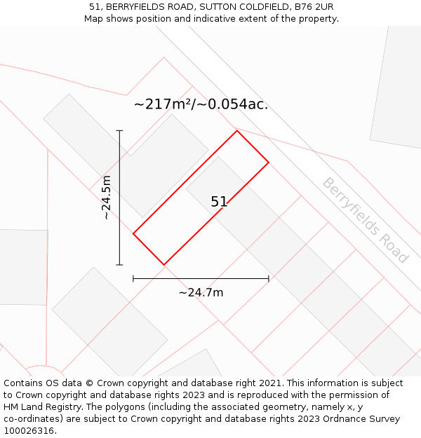 51, BERRYFIELDS ROAD, SUTTON COLDFIELD, B76 2UR: Plot and title map