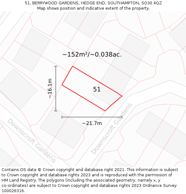 51, BERRYWOOD GARDENS, HEDGE END, SOUTHAMPTON, SO30 4QZ: Plot and title map
