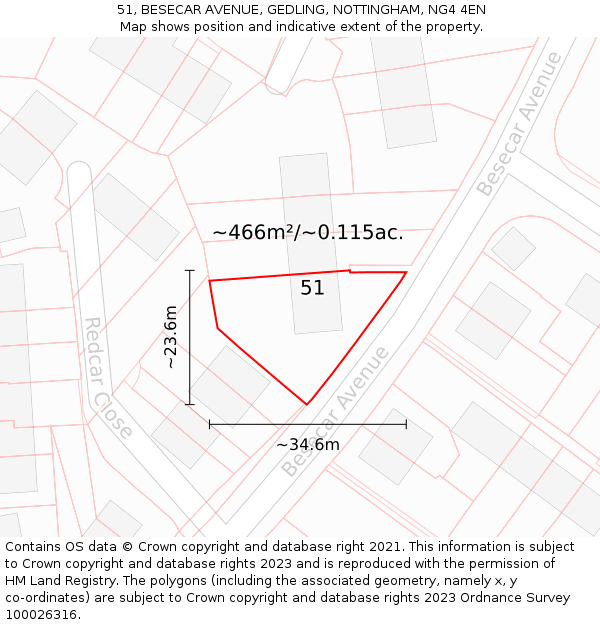 51, BESECAR AVENUE, GEDLING, NOTTINGHAM, NG4 4EN: Plot and title map