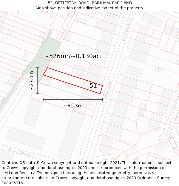 51, BETTERTON ROAD, RAINHAM, RM13 8NB: Plot and title map