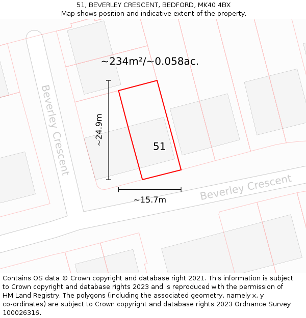 51, BEVERLEY CRESCENT, BEDFORD, MK40 4BX: Plot and title map