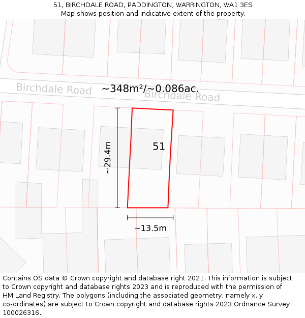51, BIRCHDALE ROAD, PADDINGTON, WARRINGTON, WA1 3ES: Plot and title map