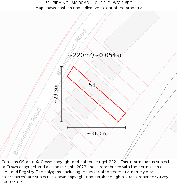 51, BIRMINGHAM ROAD, LICHFIELD, WS13 6PG: Plot and title map