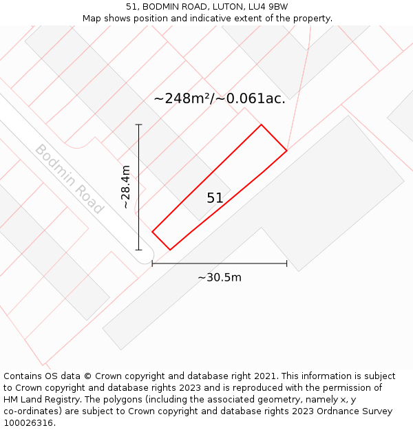 51, BODMIN ROAD, LUTON, LU4 9BW: Plot and title map