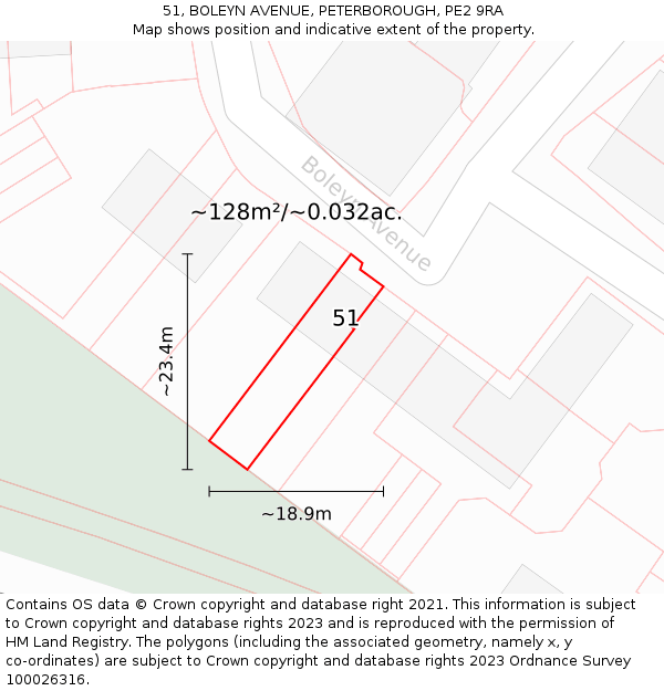 51, BOLEYN AVENUE, PETERBOROUGH, PE2 9RA: Plot and title map
