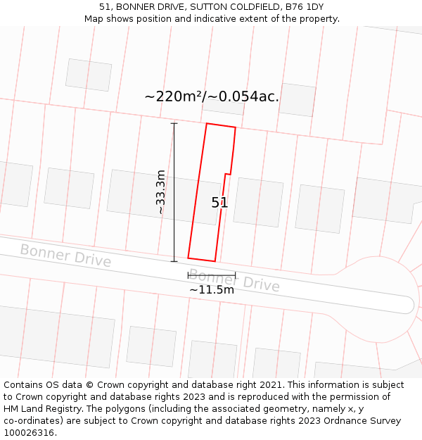 51, BONNER DRIVE, SUTTON COLDFIELD, B76 1DY: Plot and title map