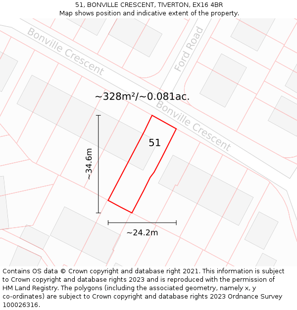 51, BONVILLE CRESCENT, TIVERTON, EX16 4BR: Plot and title map
