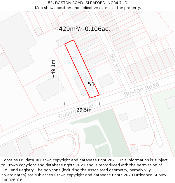 51, BOSTON ROAD, SLEAFORD, NG34 7HD: Plot and title map