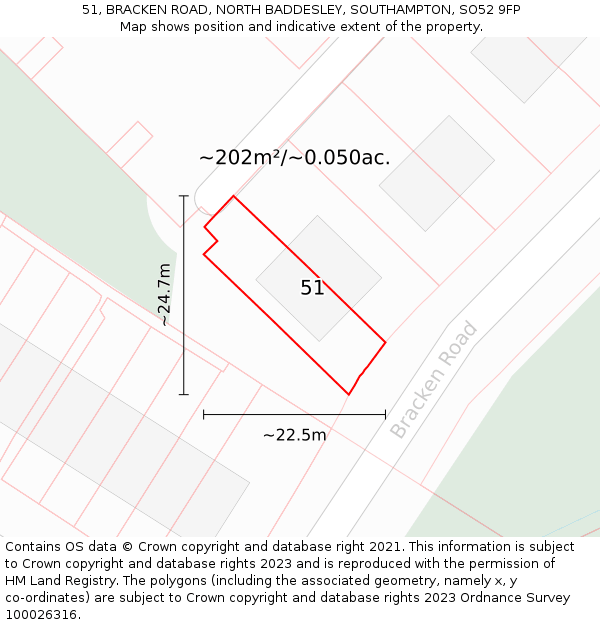 51, BRACKEN ROAD, NORTH BADDESLEY, SOUTHAMPTON, SO52 9FP: Plot and title map