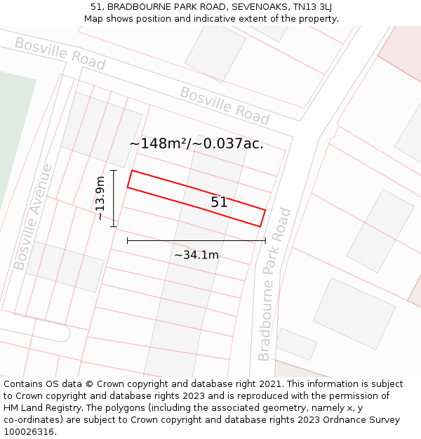 51, BRADBOURNE PARK ROAD, SEVENOAKS, TN13 3LJ: Plot and title map