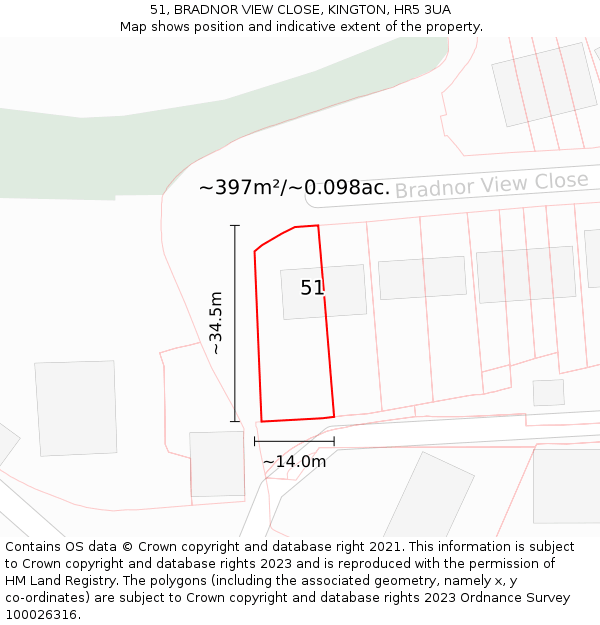 51, BRADNOR VIEW CLOSE, KINGTON, HR5 3UA: Plot and title map