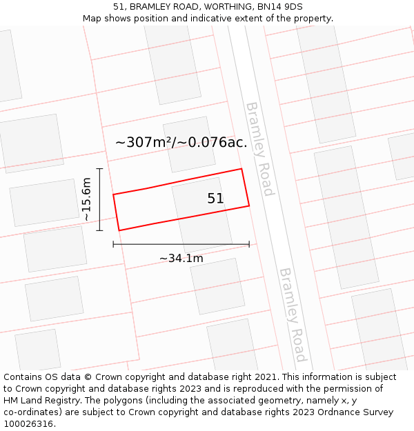 51, BRAMLEY ROAD, WORTHING, BN14 9DS: Plot and title map