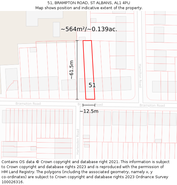 51, BRAMPTON ROAD, ST ALBANS, AL1 4PU: Plot and title map