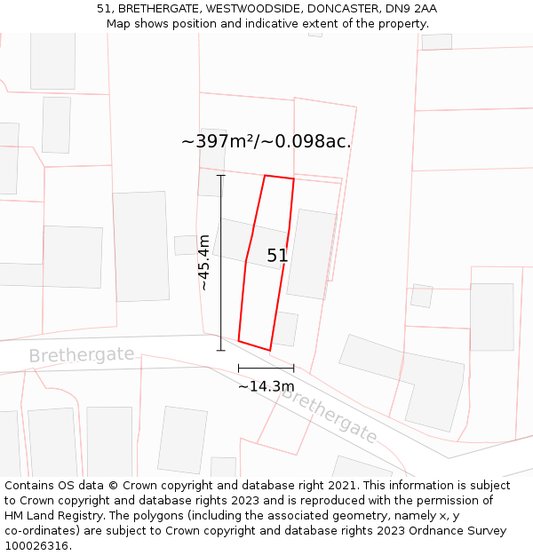 51, BRETHERGATE, WESTWOODSIDE, DONCASTER, DN9 2AA: Plot and title map