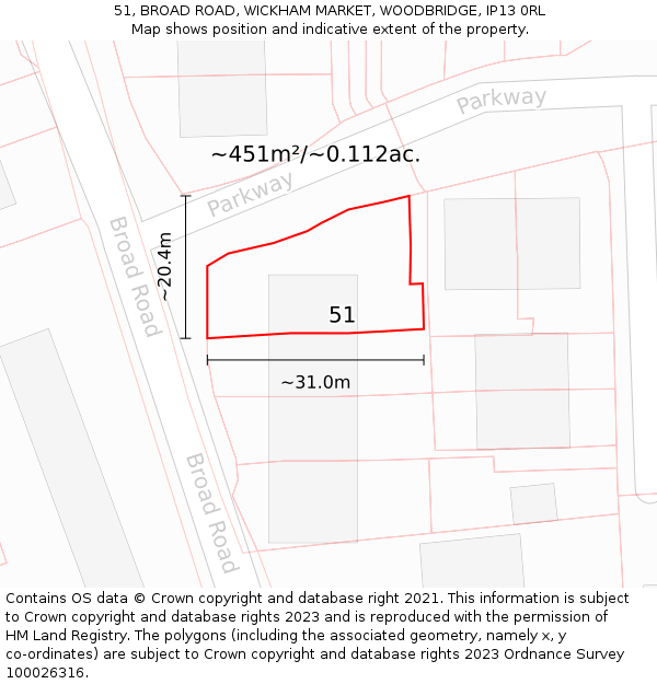 51, BROAD ROAD, WICKHAM MARKET, WOODBRIDGE, IP13 0RL: Plot and title map