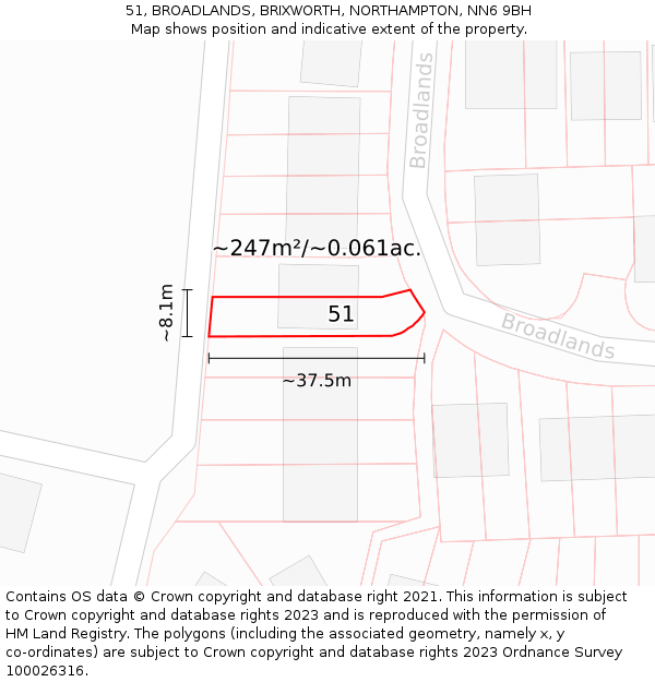 51, BROADLANDS, BRIXWORTH, NORTHAMPTON, NN6 9BH: Plot and title map