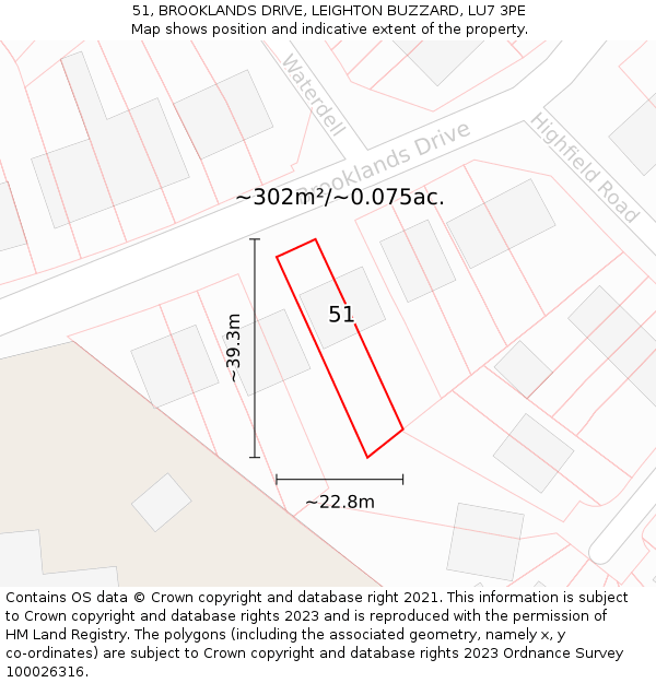51, BROOKLANDS DRIVE, LEIGHTON BUZZARD, LU7 3PE: Plot and title map
