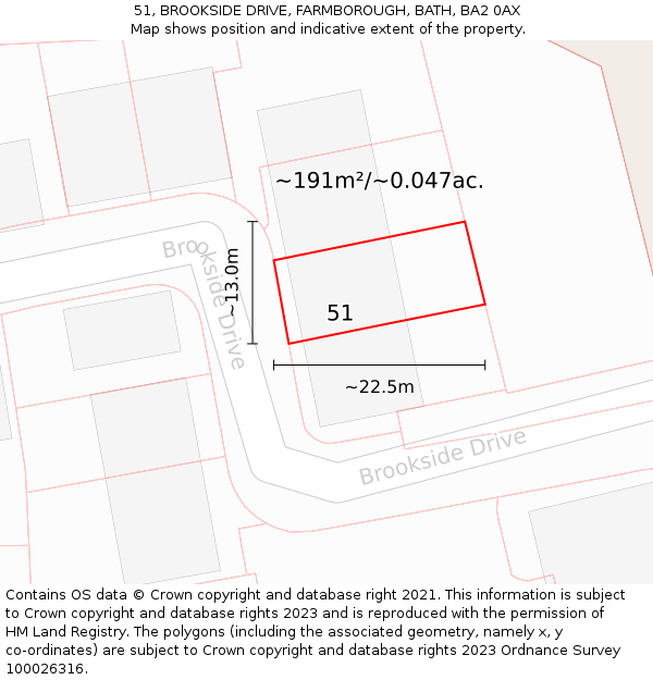 51, BROOKSIDE DRIVE, FARMBOROUGH, BATH, BA2 0AX: Plot and title map